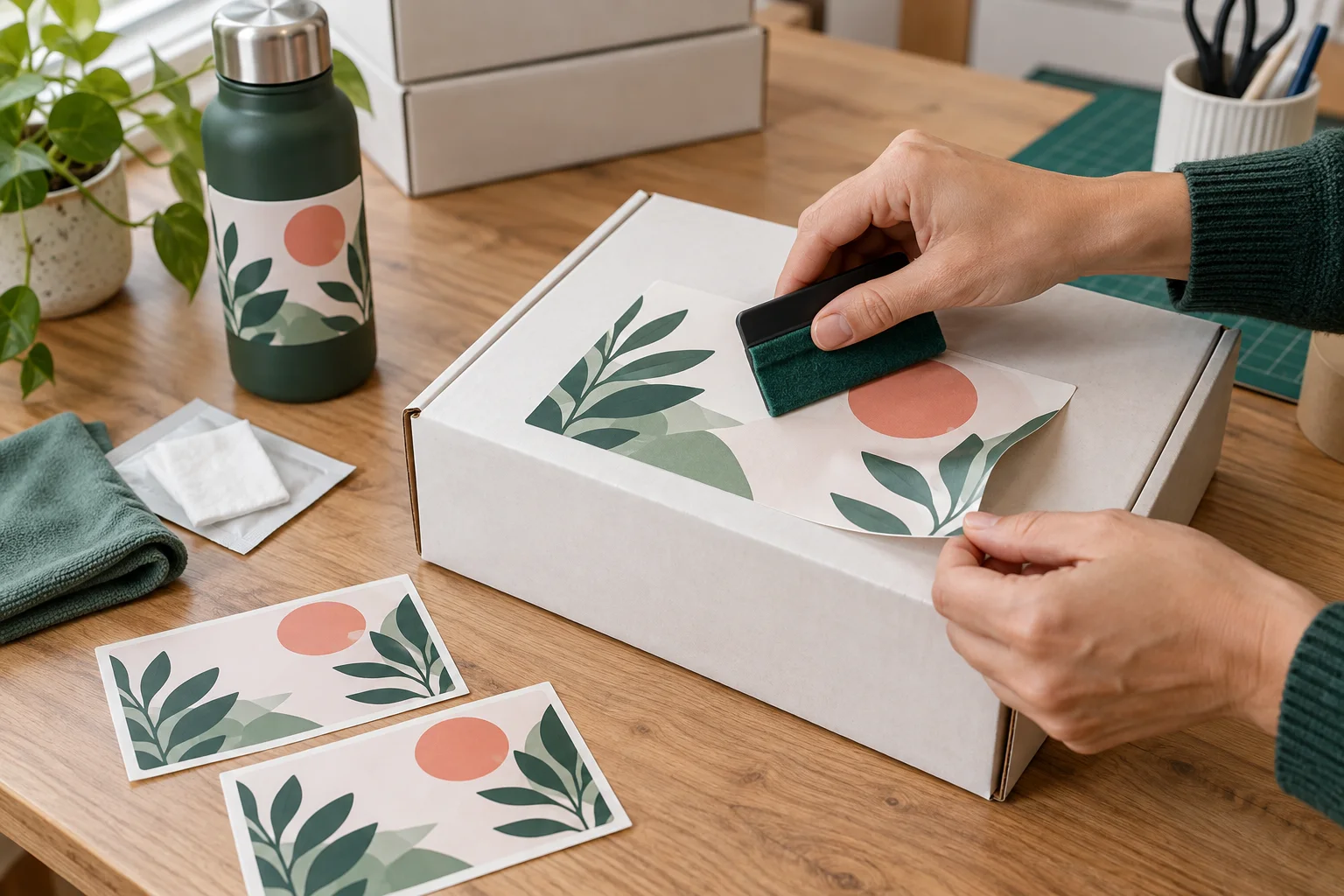 Hands applying a large label to a clean mailer box with a felt squeegee