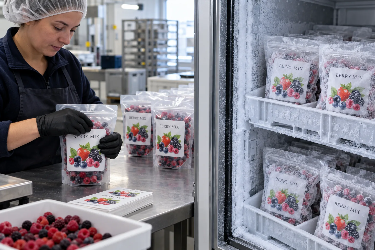 Photograph of illustrated berry frozen-food pouches, one being labeled on a dry packing bench and one frosted in a freezer, with complete original label designs
