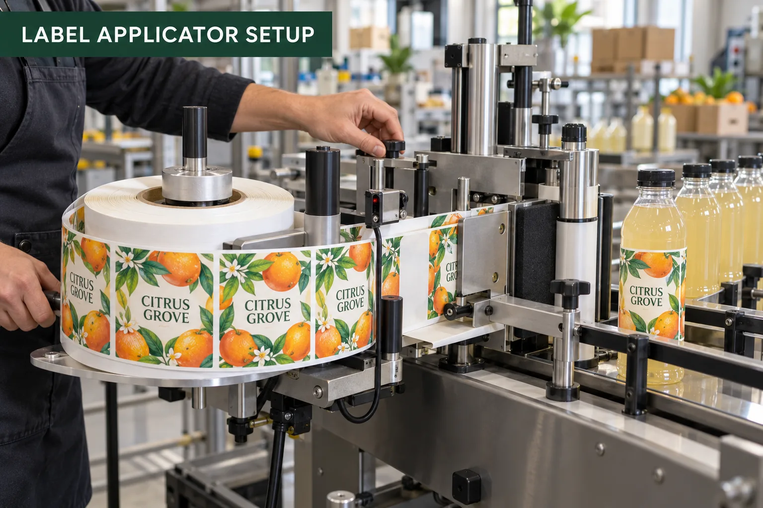 Photograph of fully printed original fruit drink labels feeding through an automatic bottle label applicator during a setup trial