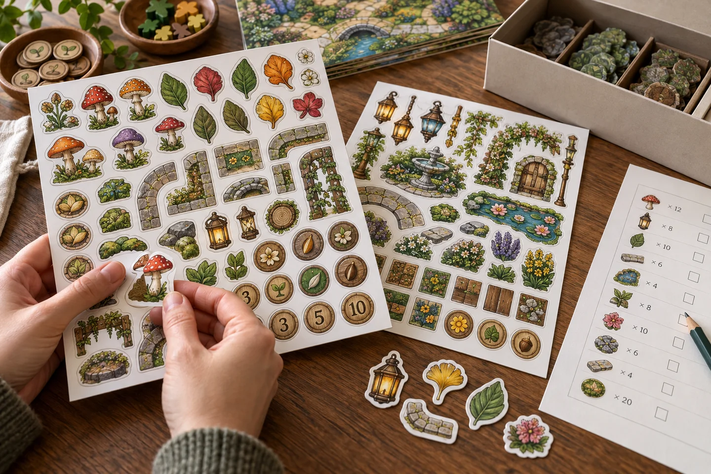 Photograph of original fantasy garden board game sticker sheets with complete illustrated tokens being sorted beside an unbranded game box