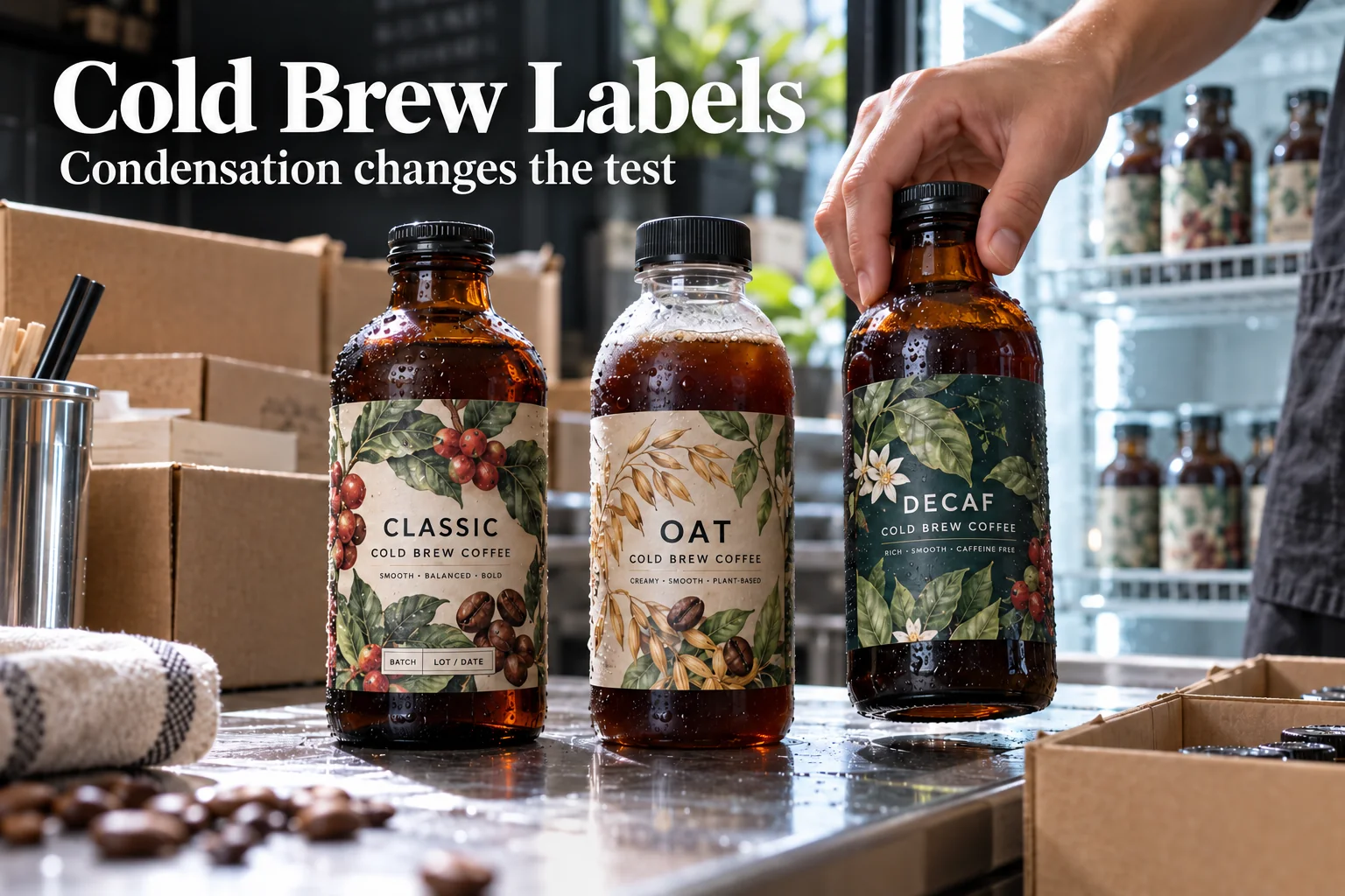 Photograph of chilled unbranded cold brew bottles with complete original coffee-bean illustrated labels and visible condensation