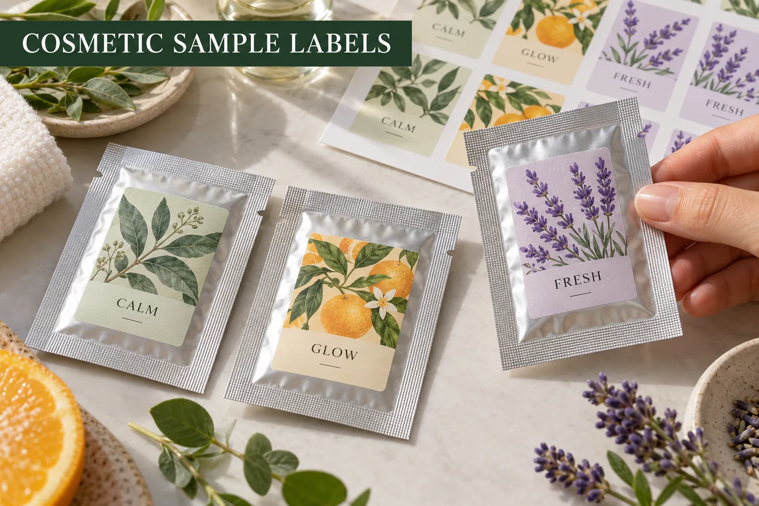Photograph of colorful original botanical skincare sample labels on flexible sachets beside a matching printed label sheet