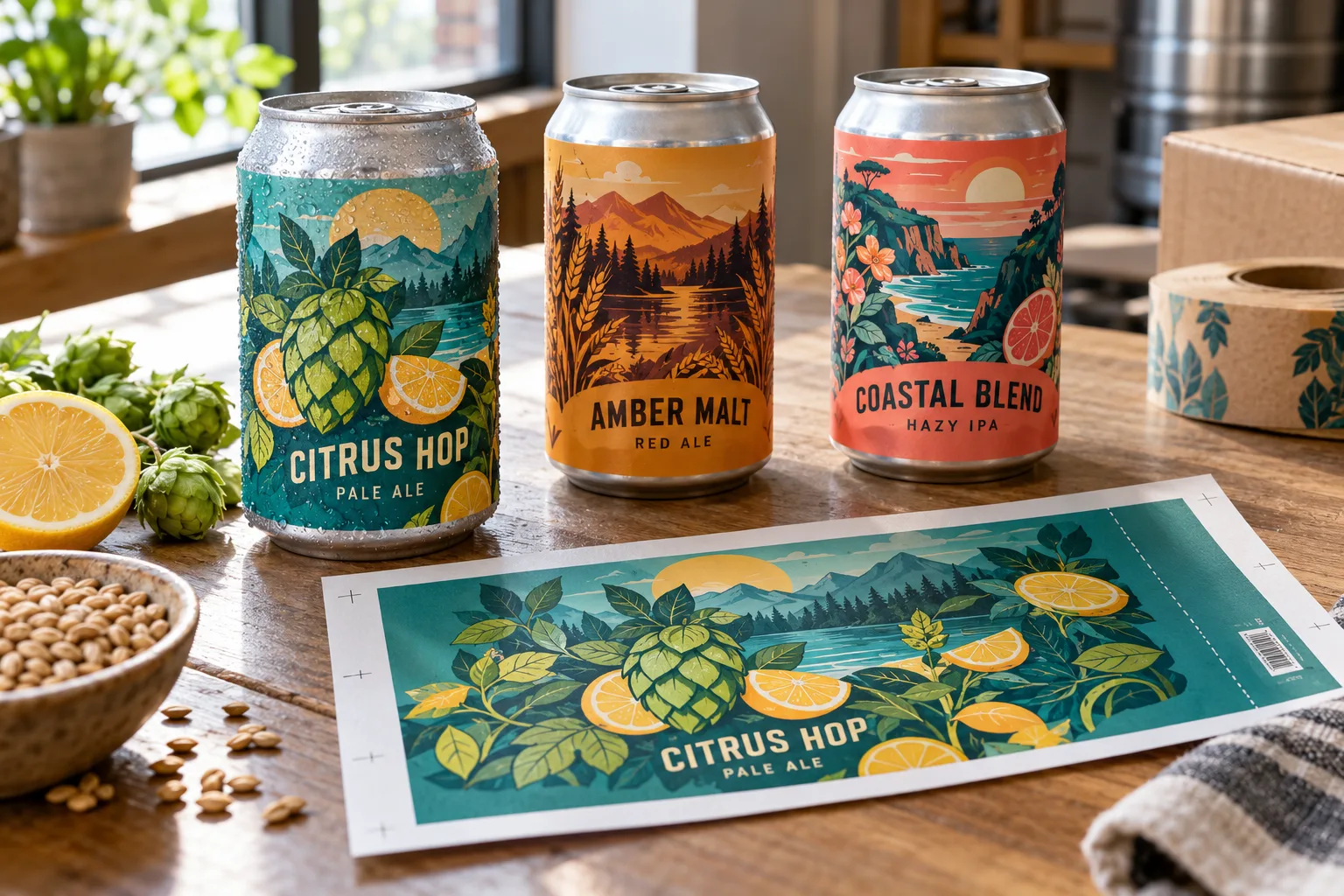 Photograph of original illustrated craft beer can labels with complete hop and citrus artwork, applied to unbranded cans beside a wrap proof