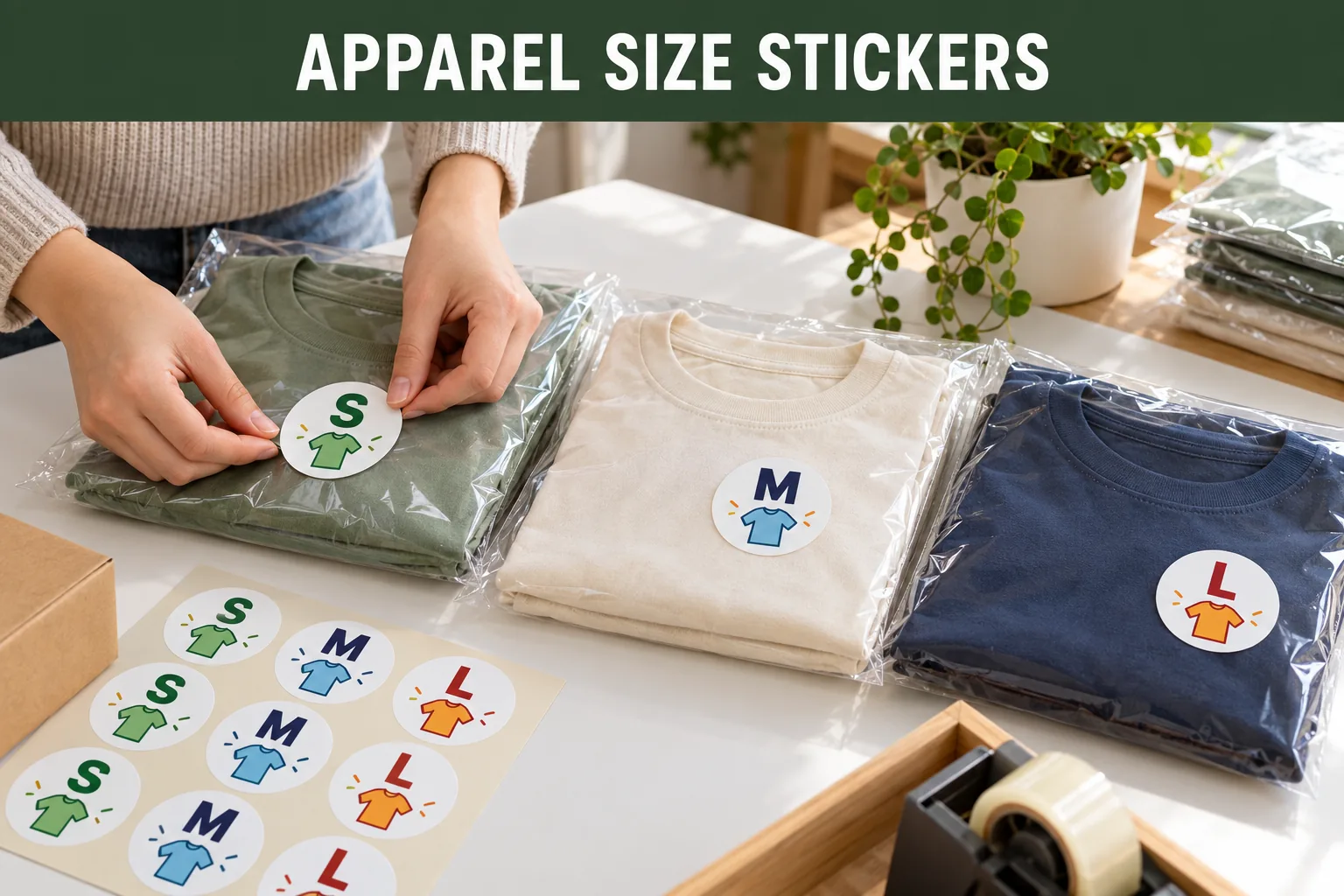 Original S M and L size stickers with colorful garment icons on folded tees and clear polybags