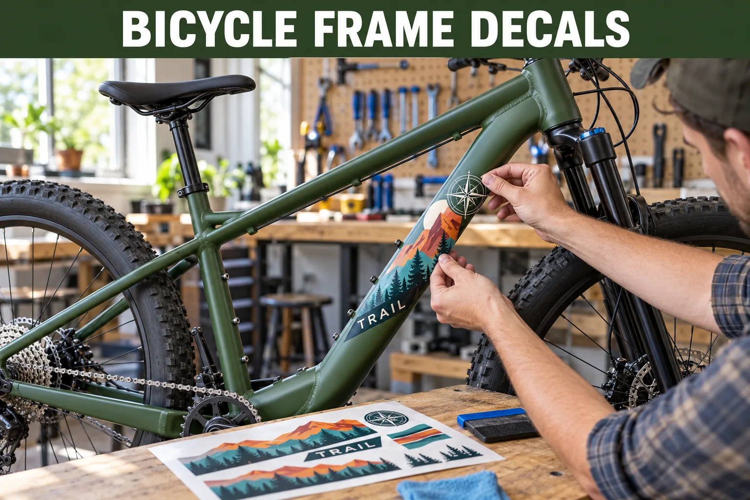 Original mountain line and compass bicycle decals applied to an unbranded matte green frame at a workshop