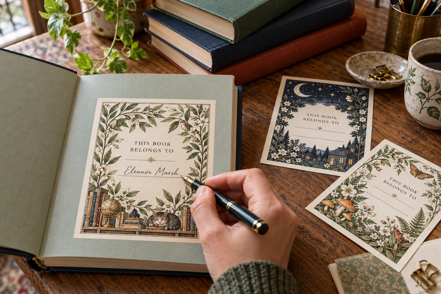 Photograph of original botanical bookplate stickers with complete printed designs and handwritten names inside unbranded hardcover books