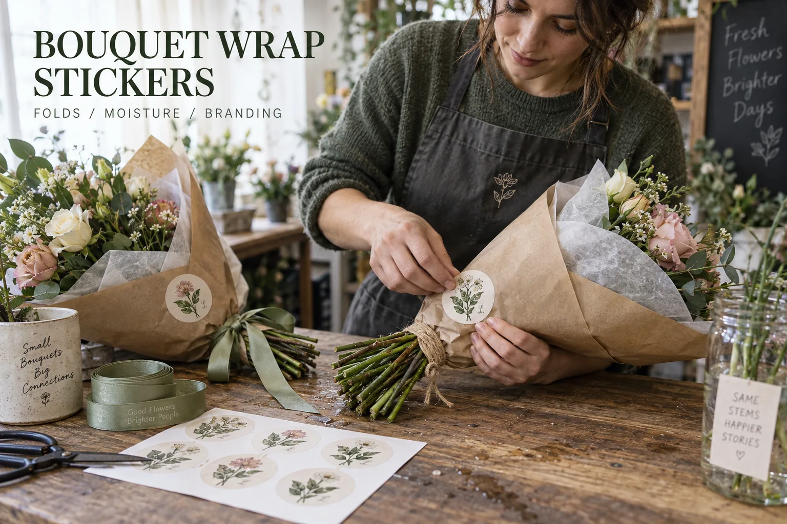 Florist arranging fresh bouquets with fully printed botanical closure stickers on kraft and tissue wraps