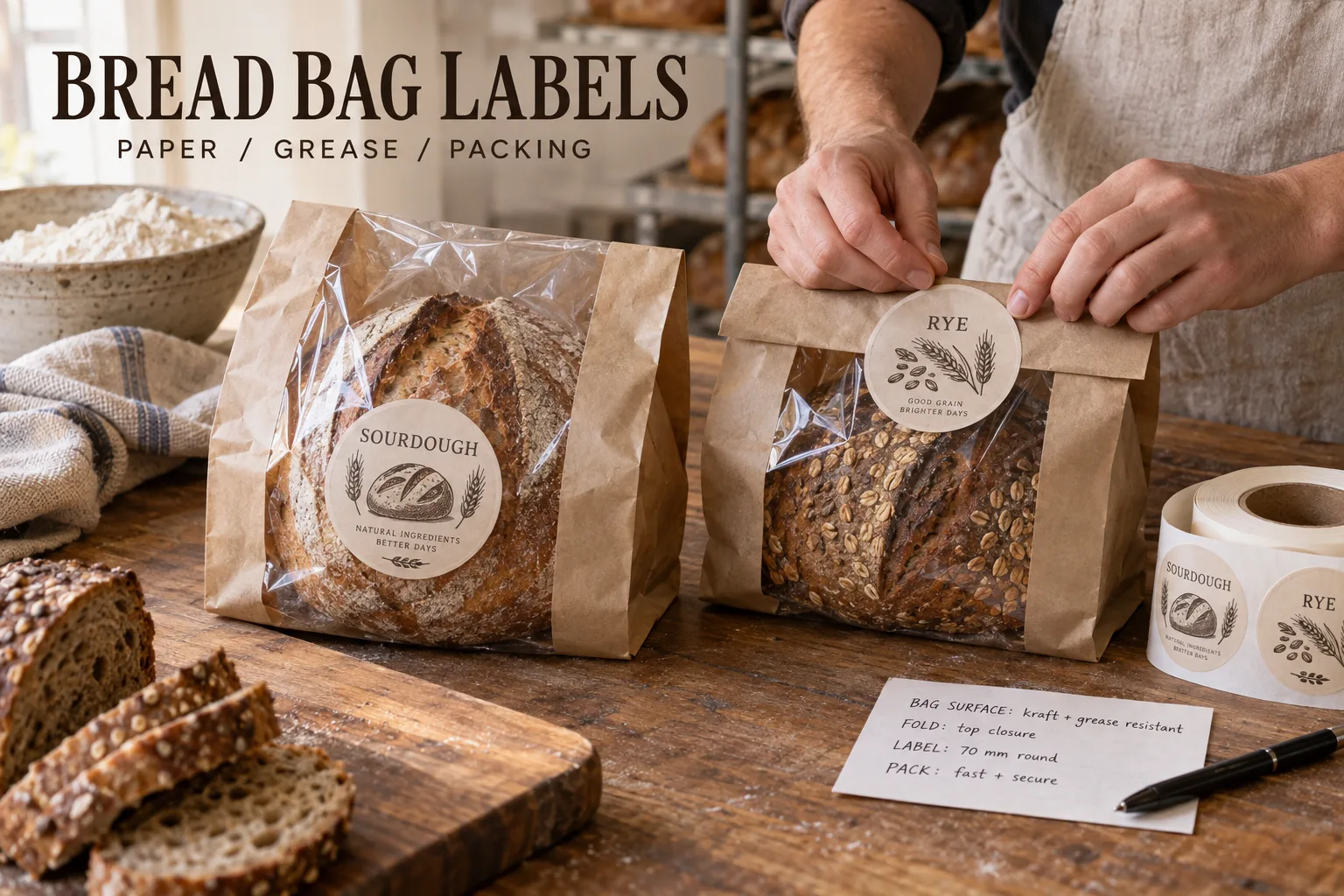 Printed illustrated sourdough bread bag labels on paper and clear bags beside a bakery packing table