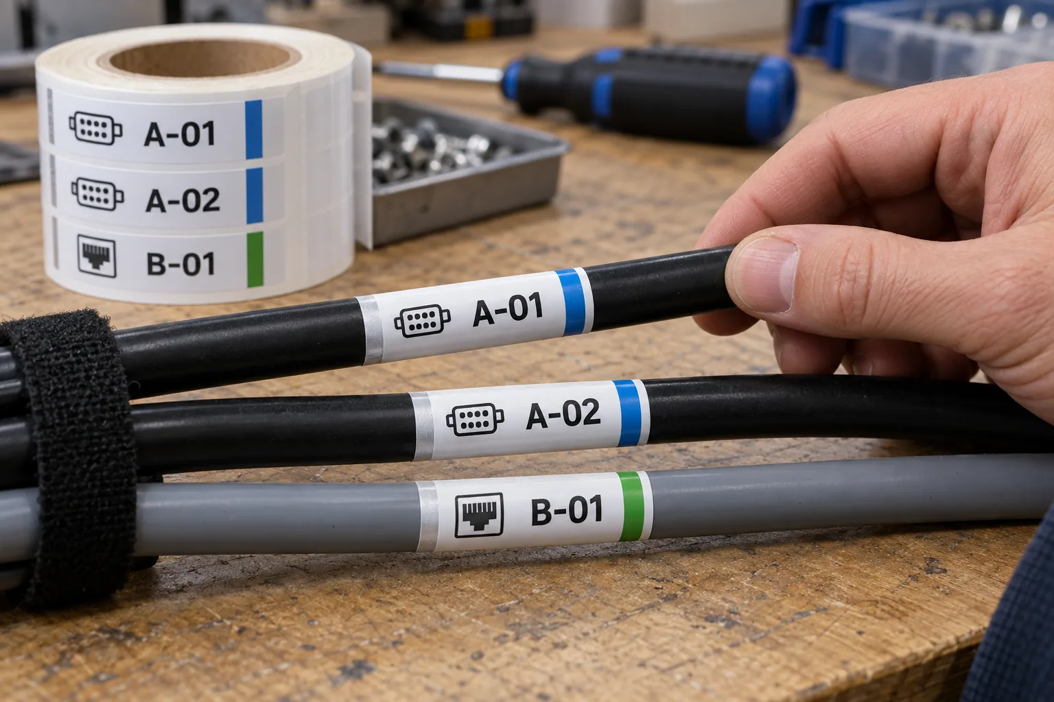 Photograph of complete original printed cable ID wrap labels on unbranded equipment cables beside a labeled roll
