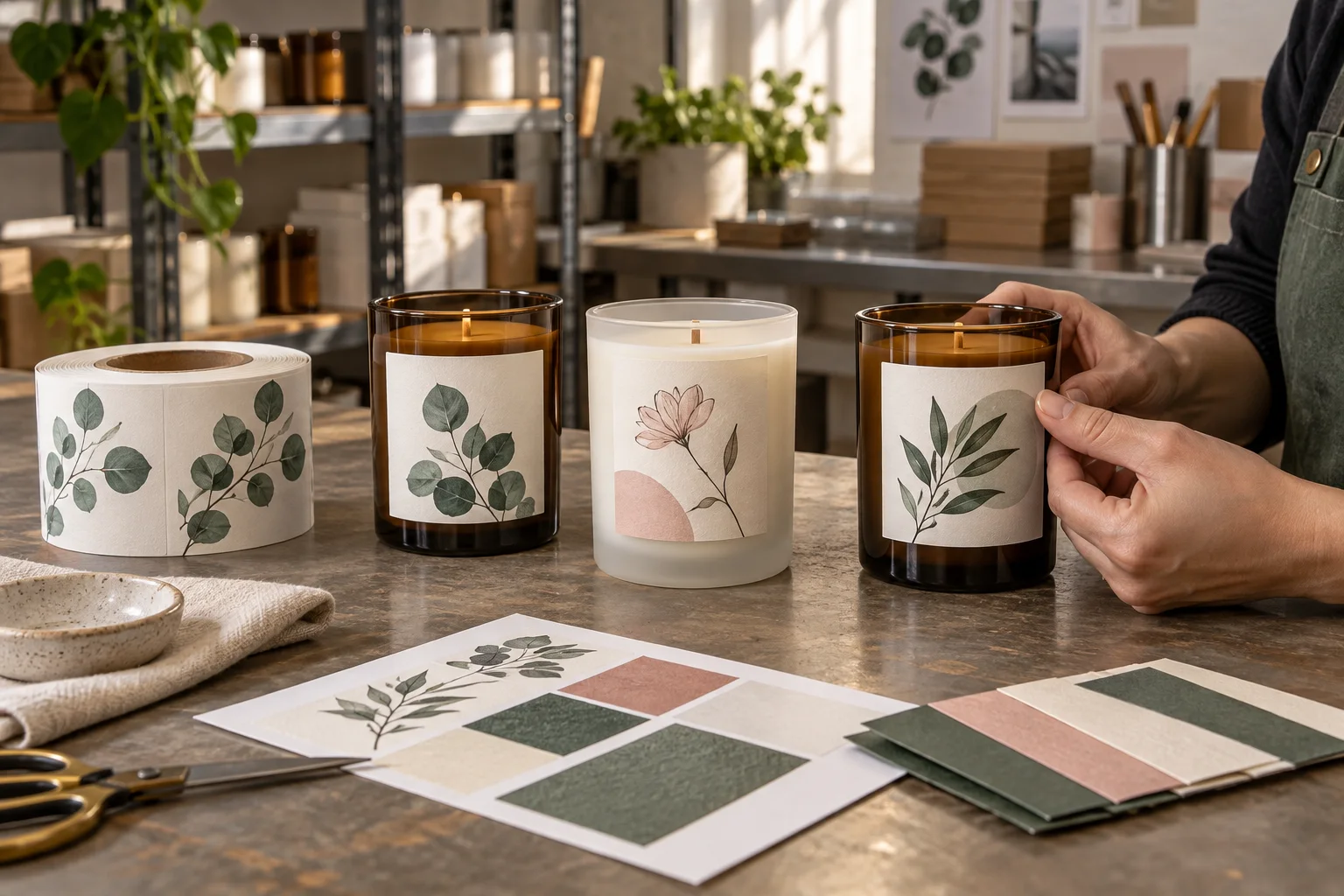 Candle jars and a roll of botanical labels reviewed on a packaging worktable