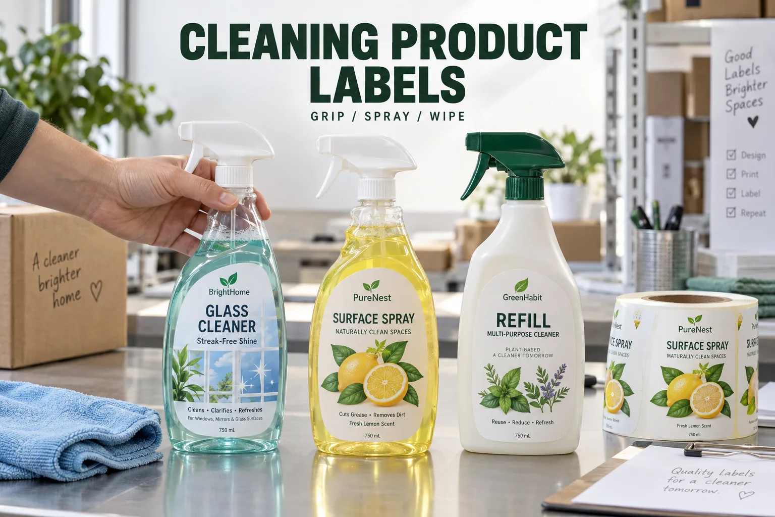 Cleaning spray bottles with original citrus botanical and tile motif labels being checked with a damp cloth beside matching printed rolls
