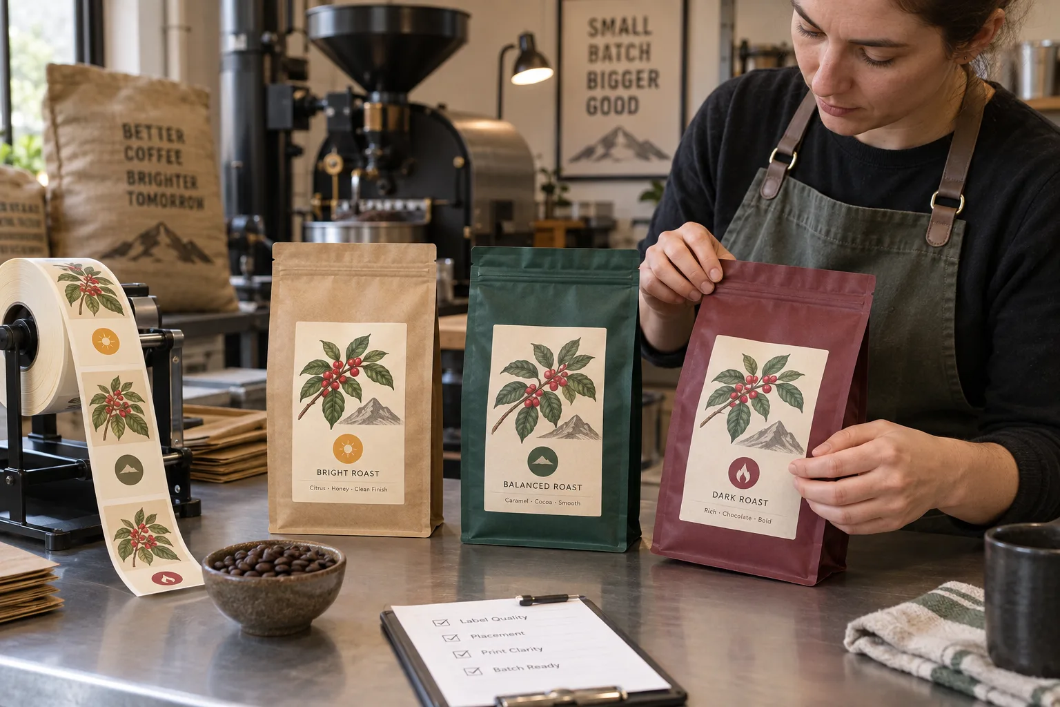 Coffee roastery worker comparing illustrated labels on three colored coffee bags
