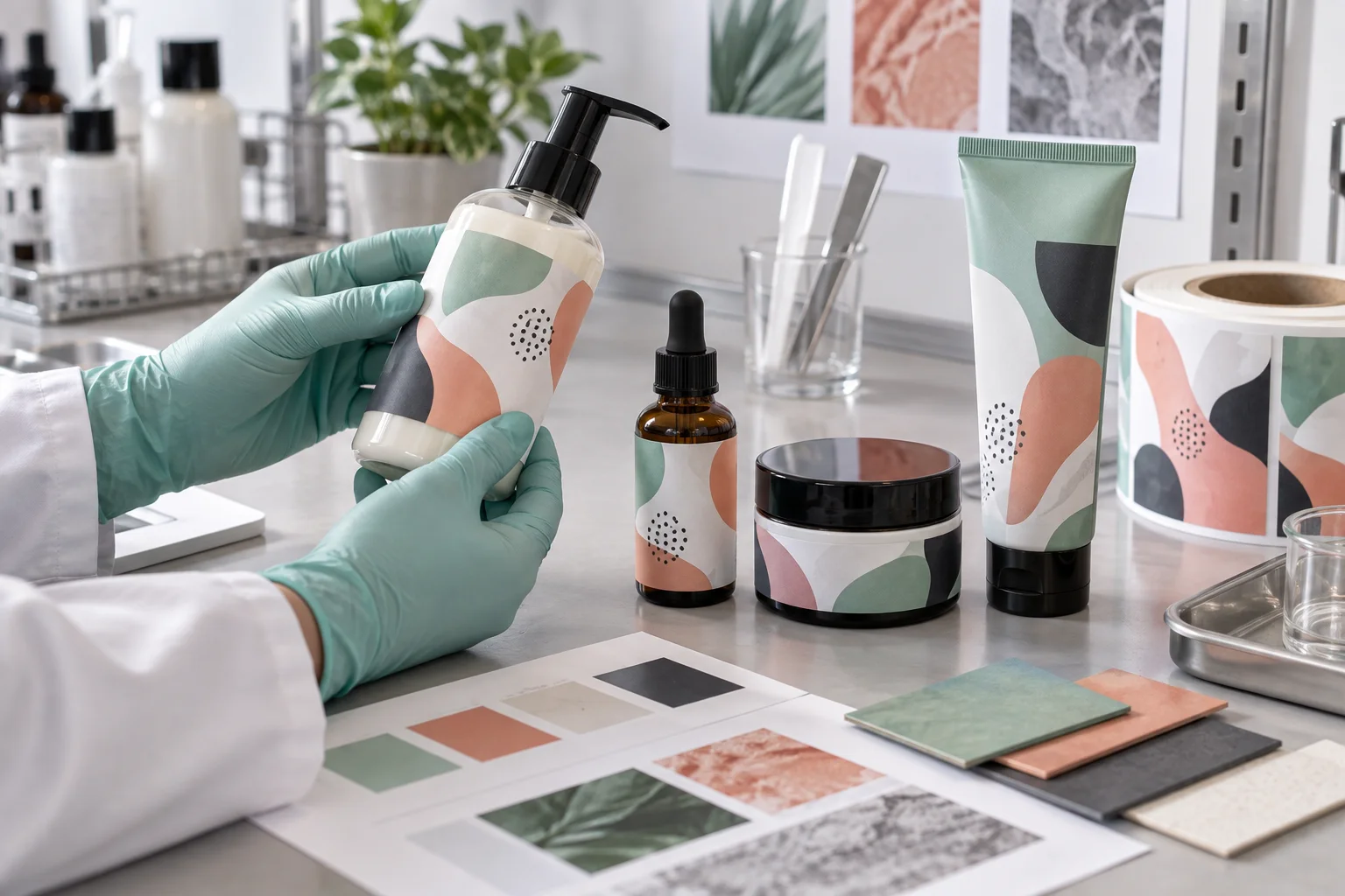 Cosmetic bottles jars and tubes with coordinated labels under factory review