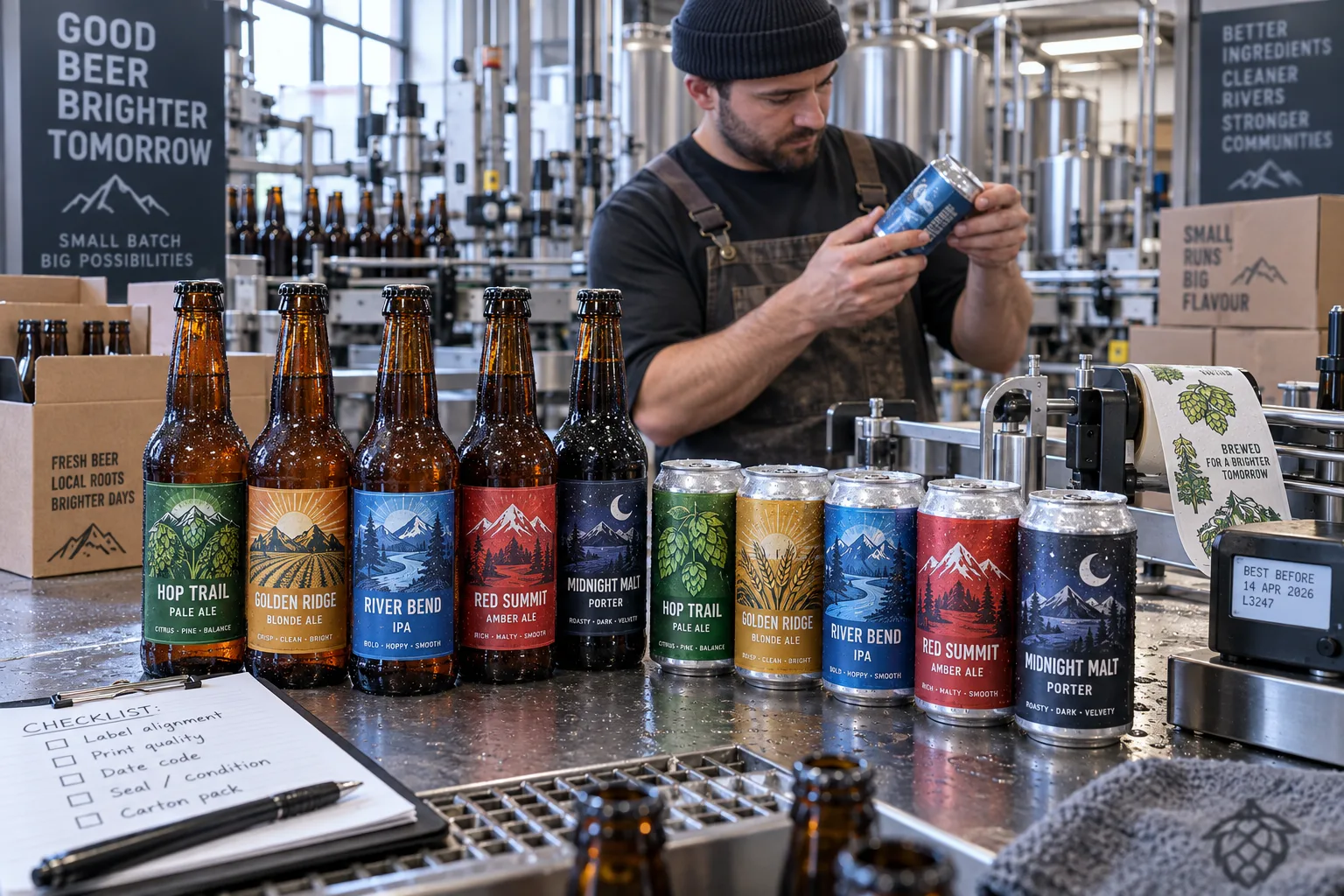 Craft beer bottles and cans with original hop citrus mountain and geometric label artwork on a brewery packing line