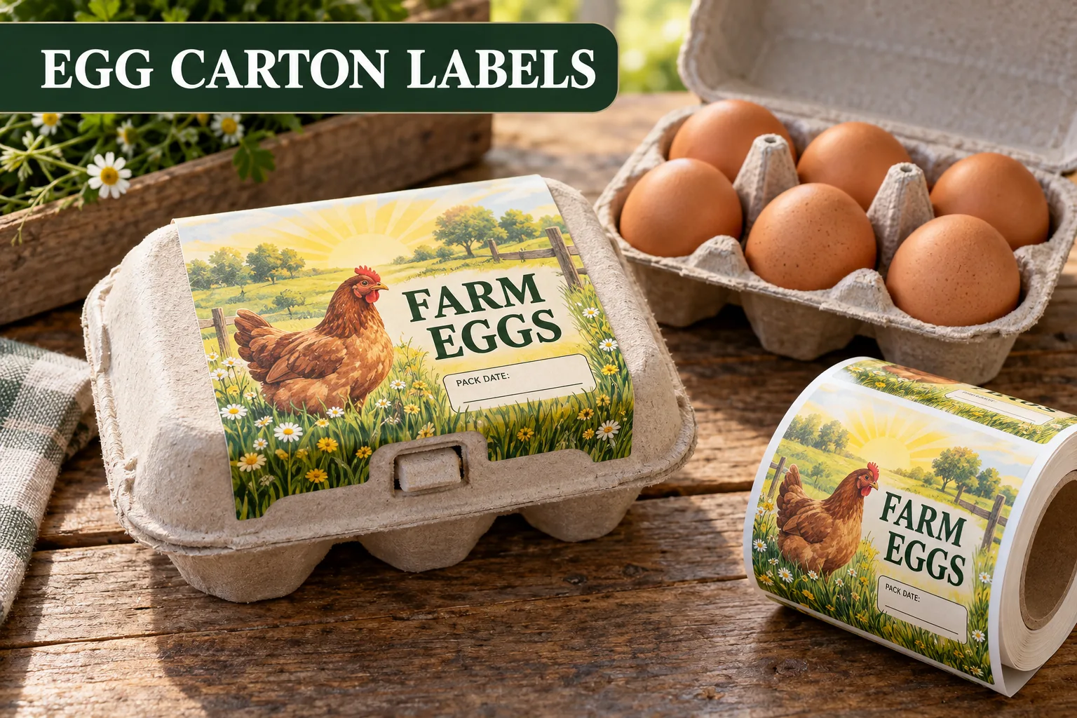 Photographic molded-fiber egg carton with an original illustrated hen and sun label beside an open carton of eggs