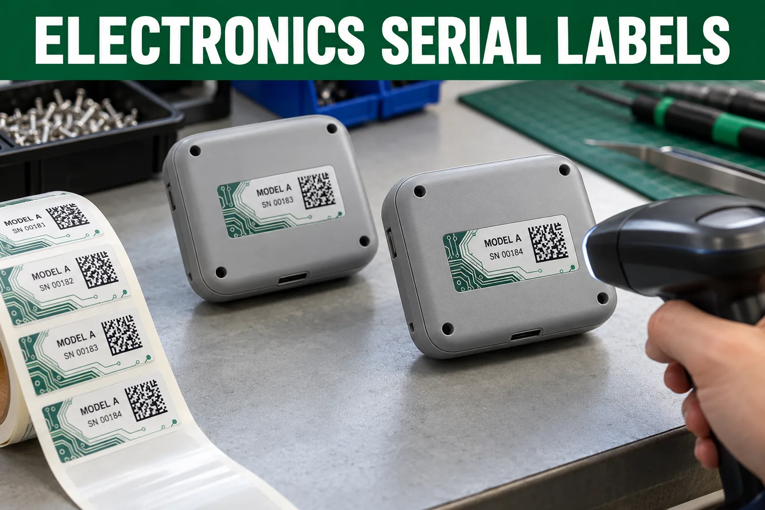 Original electronics device labels with sample serial text and 2D codes on unbranded enclosures at a workbench