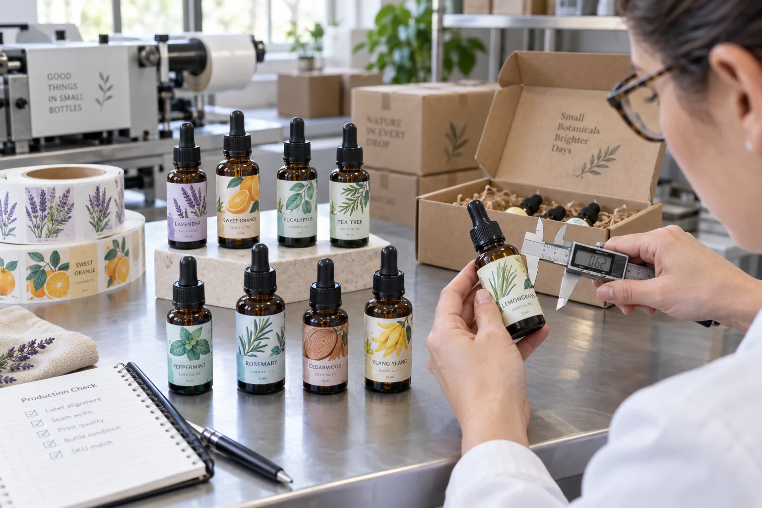 Amber essential oil bottles with original lavender citrus and eucalyptus label illustrations on a production table