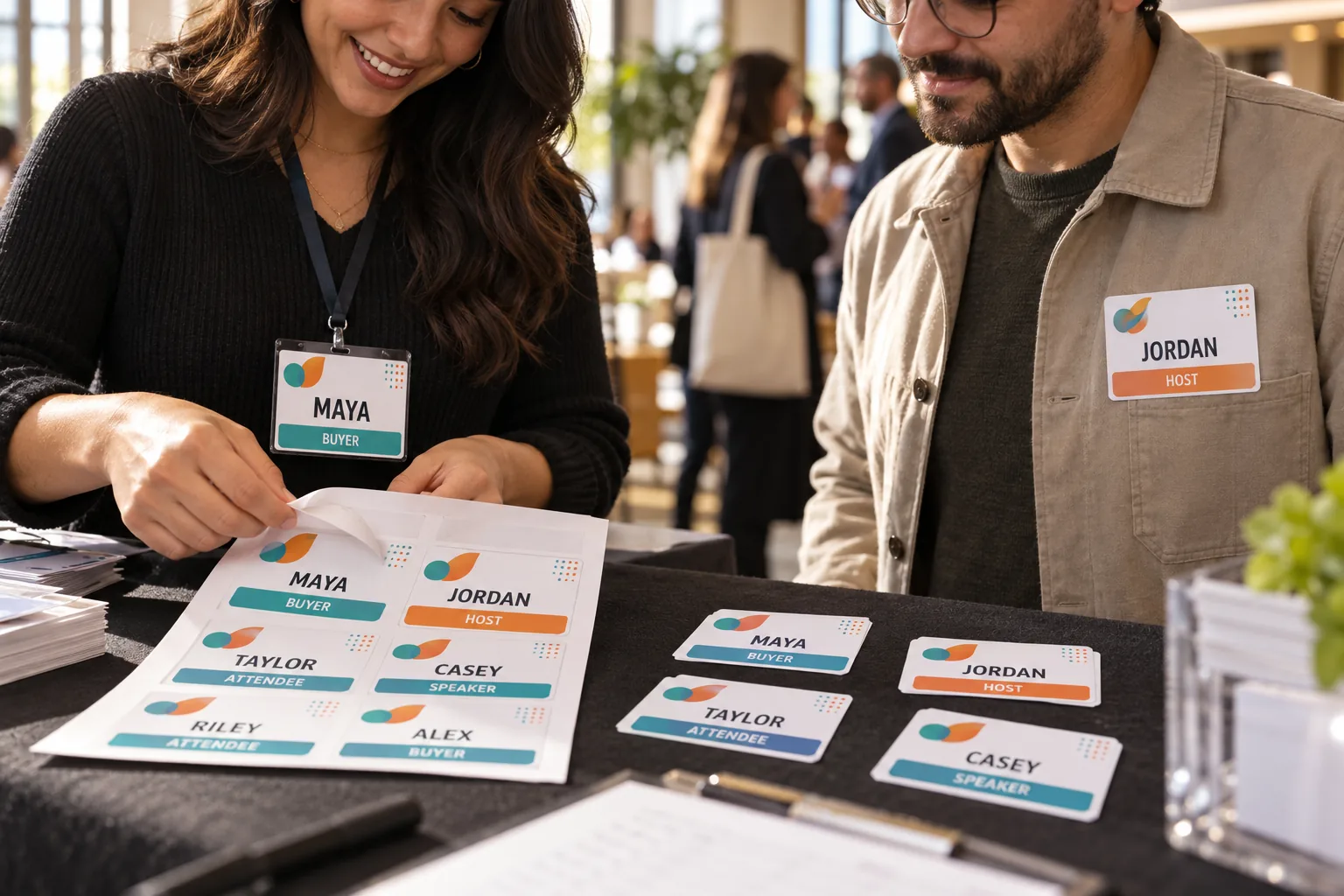 Photograph of original illustrated event name badge stickers with clear names and roles on a registration table