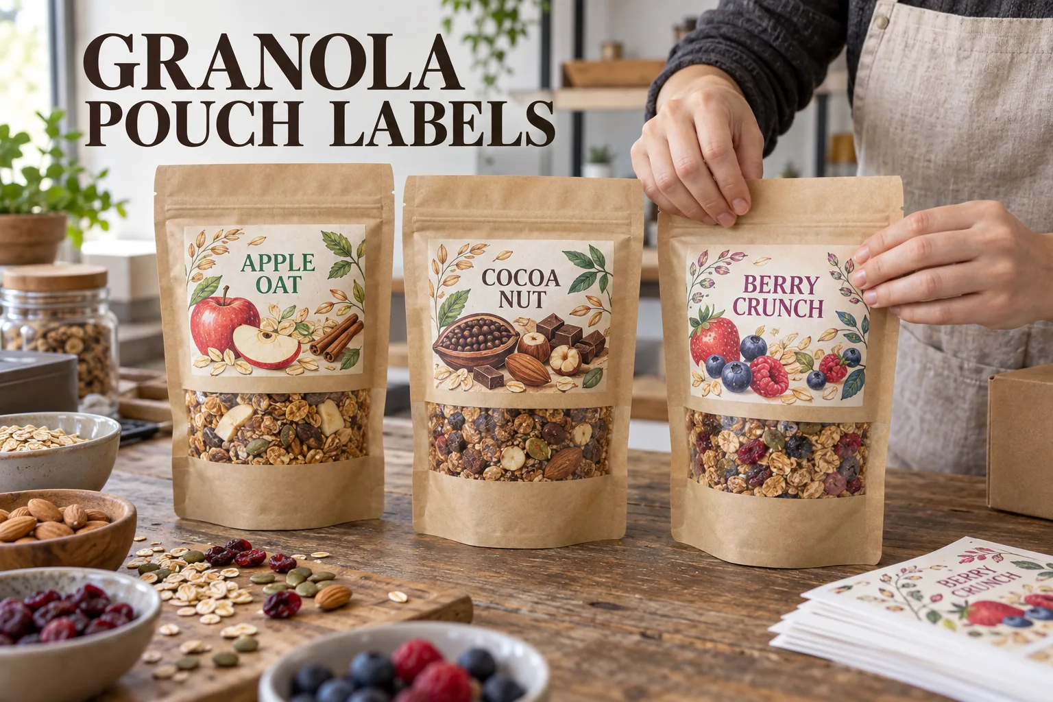 Illustrated granola flavor labels on filled kraft stand-up pouches with clear windows at a packing table