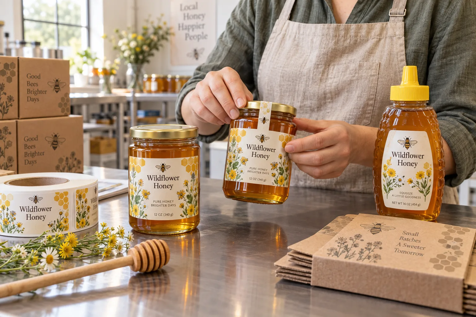 Honey jars and squeeze bottle with original wildflower, honeycomb and bee label artwork