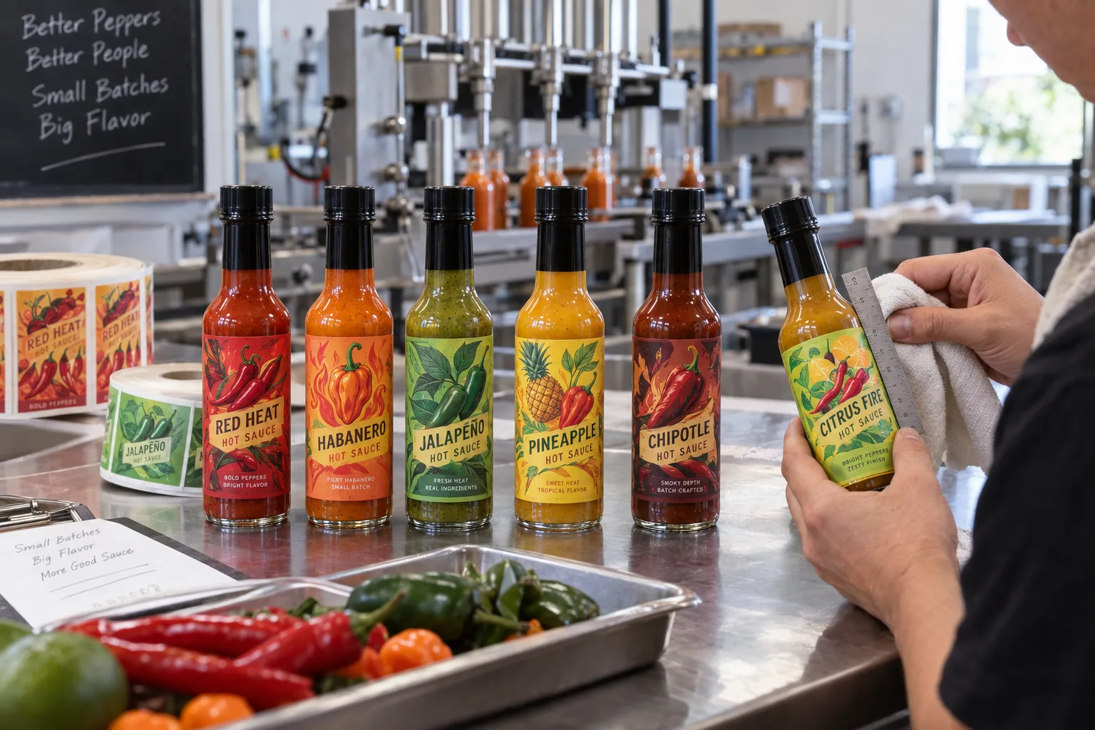 Hot sauce bottles with original illustrated pepper labels being checked on a packaging bench