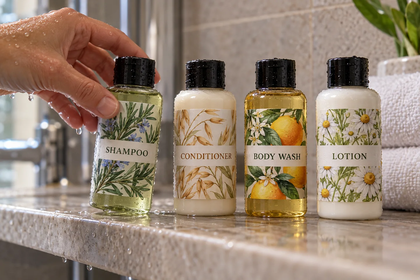 Photograph of original botanical hotel amenity labels on small unbranded shampoo conditioner and lotion bottles in a real bathroom setting