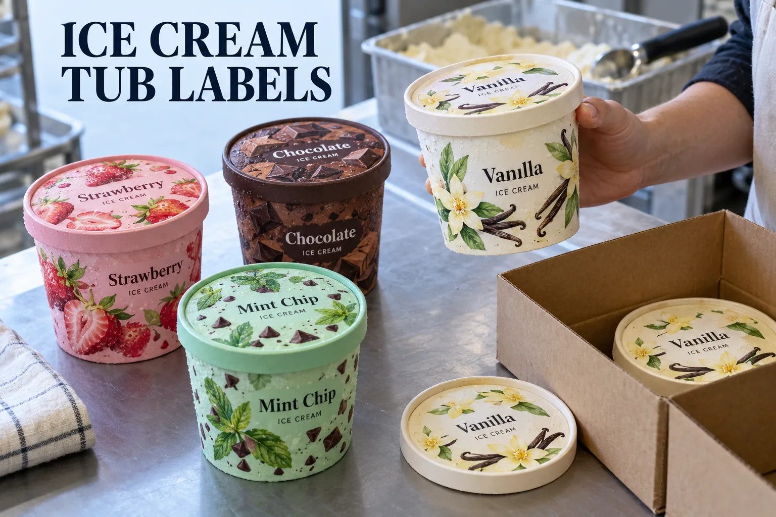 Fully printed original fruit and vanilla ice cream labels on filled paper tubs at a frozen dessert packing table