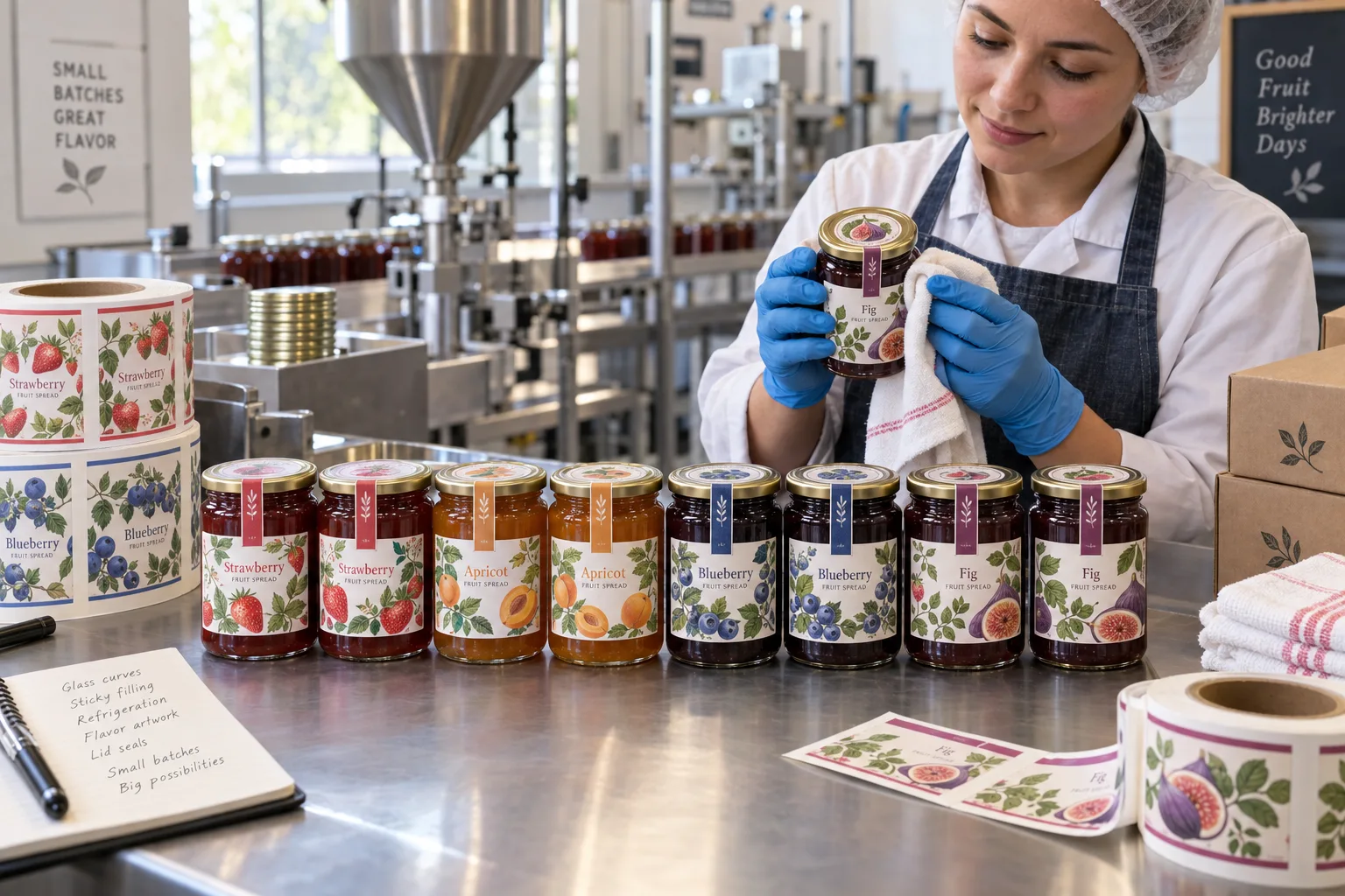 Filled jam jars with original strawberry apricot blueberry and fig label illustrations being checked on a packing bench