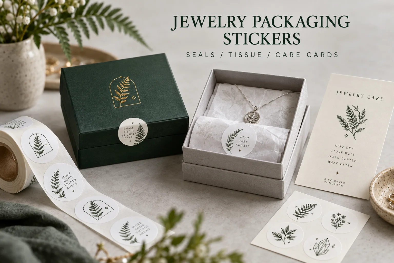 Jewelry boxes tissue seals and care cards with original botanical and geometric printed stickers arranged on a jewelry packing desk
