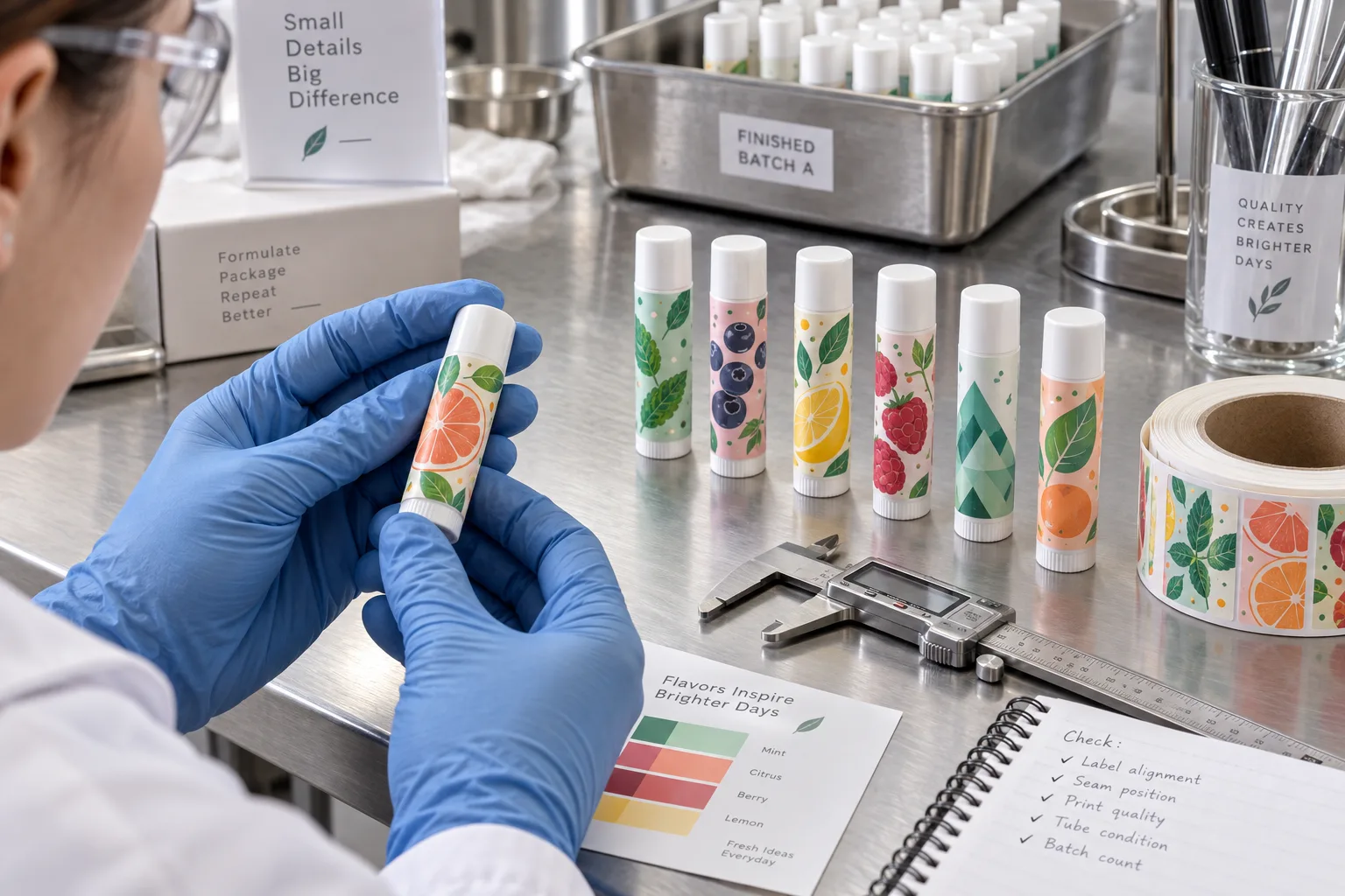 Technician inspecting lip balm tubes with original citrus, mint and berry wrap labels