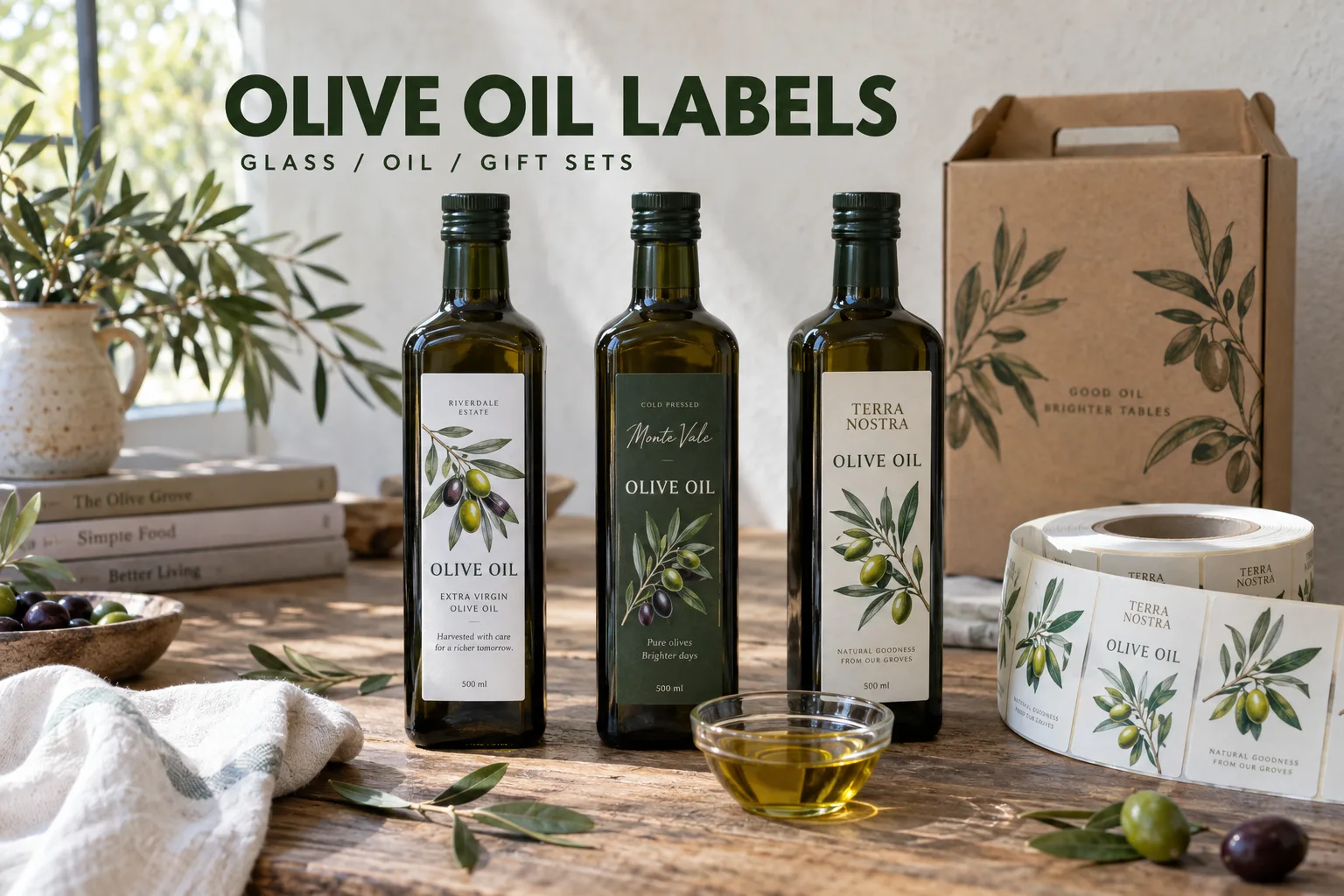 Dark olive oil bottles with original olive branch labels, a matching roll and an oil handling check on a packing bench