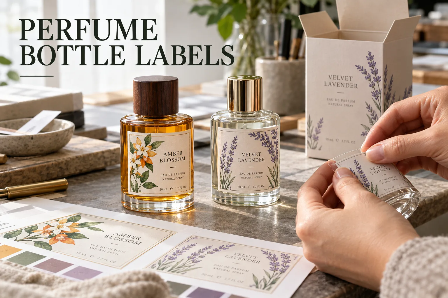 Original botanical perfume labels printed on amber and clear glass bottles beside a packaging proof