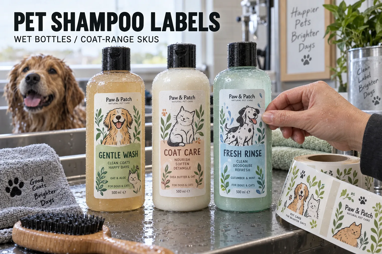 Fully printed illustrated pet shampoo labels on wet grooming bottles beside a clean packing bench