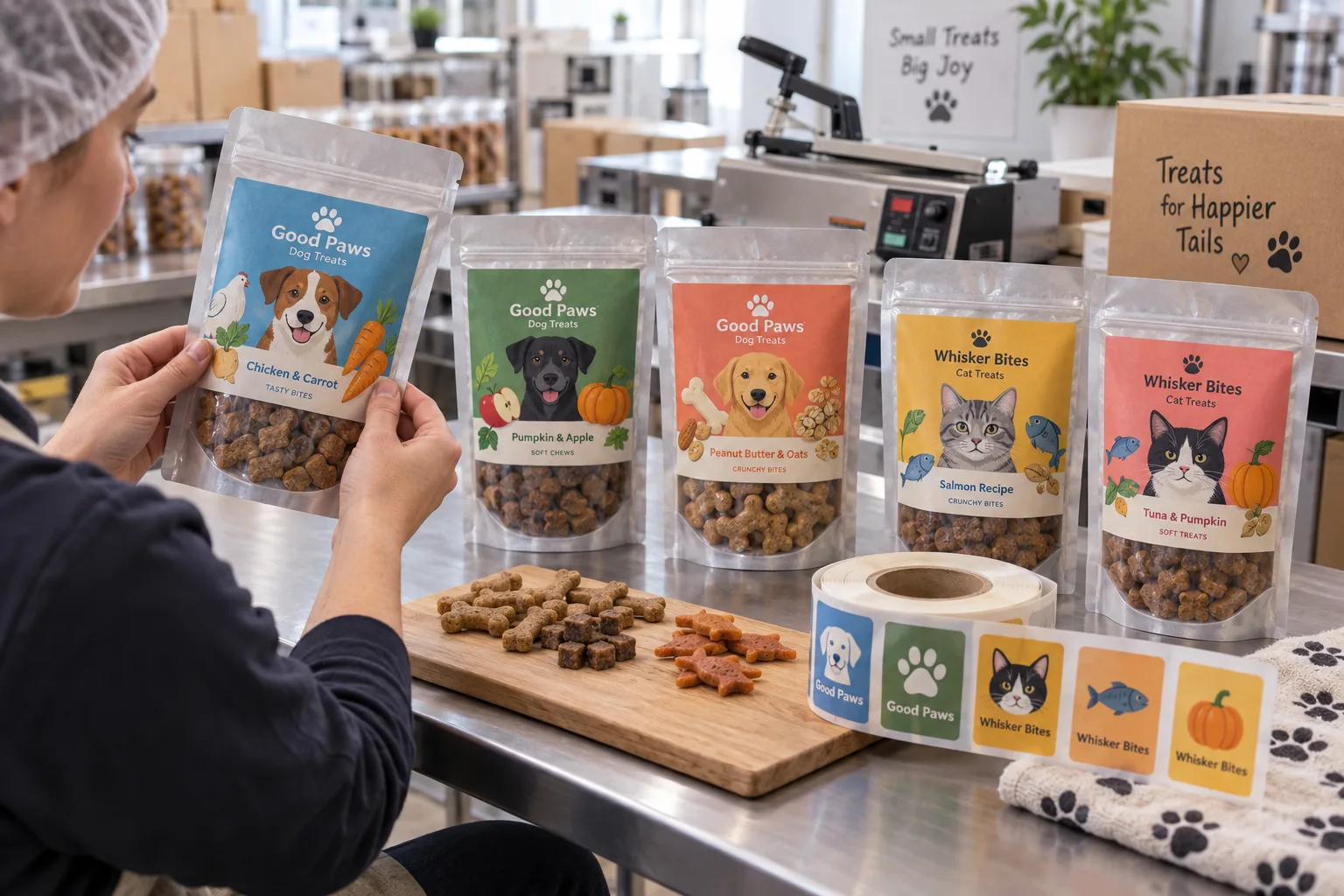 Pet treat pouches with original dog cat paw bone fish and carrot label illustrations on a packing table