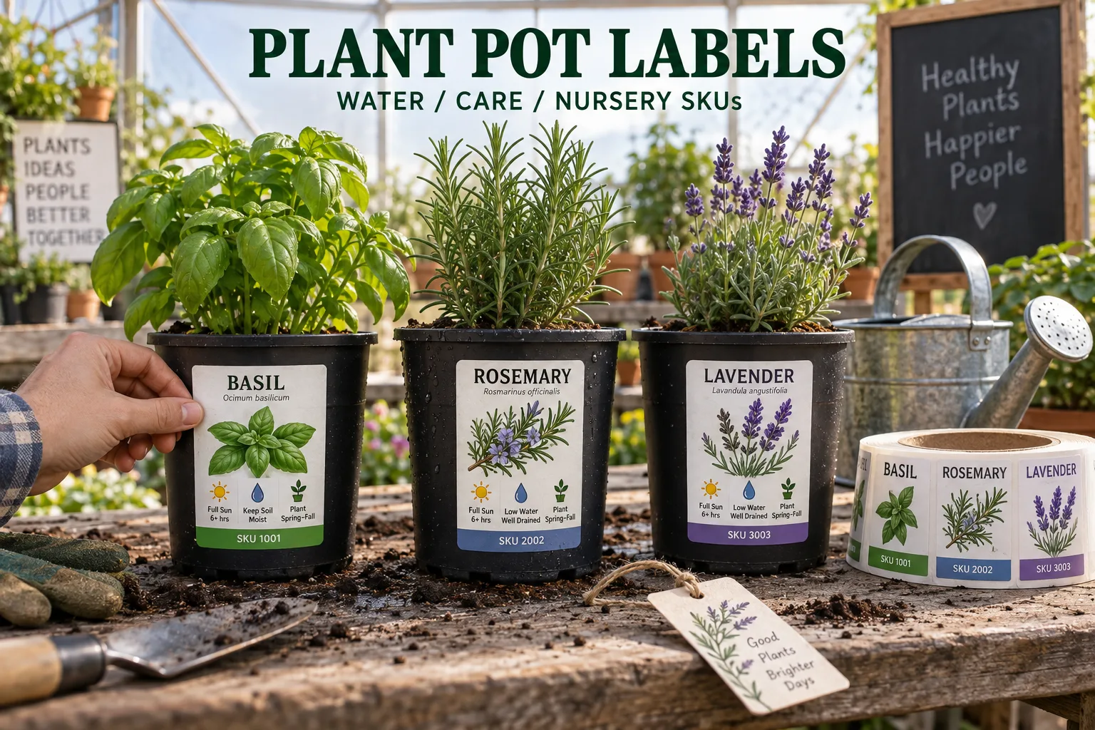Nursery pots with printed original leaf artwork and plant care icon labels being inspected on a garden packing bench after watering