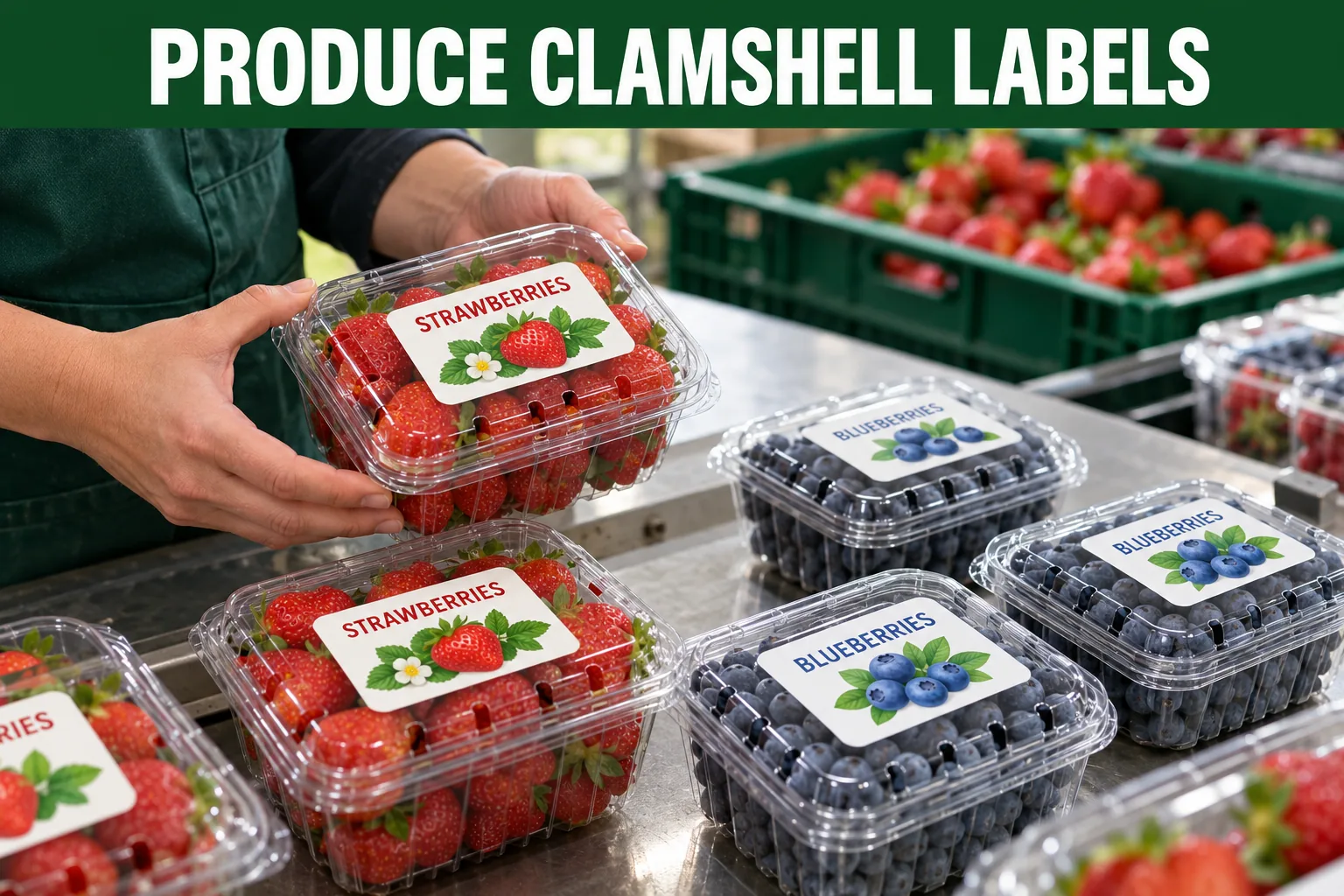 Original illustrated strawberry and blueberry labels applied to clear produce clamshells with visible vent slots