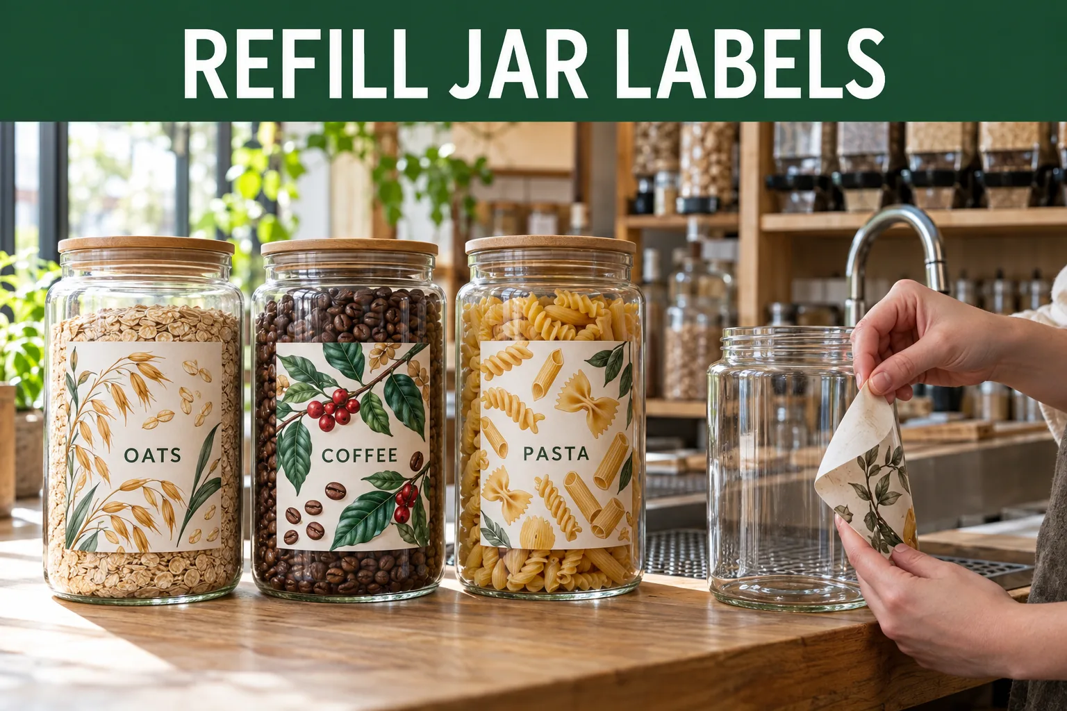 Original illustrated grain and coffee labels on reusable glass refill jars beside a washing station