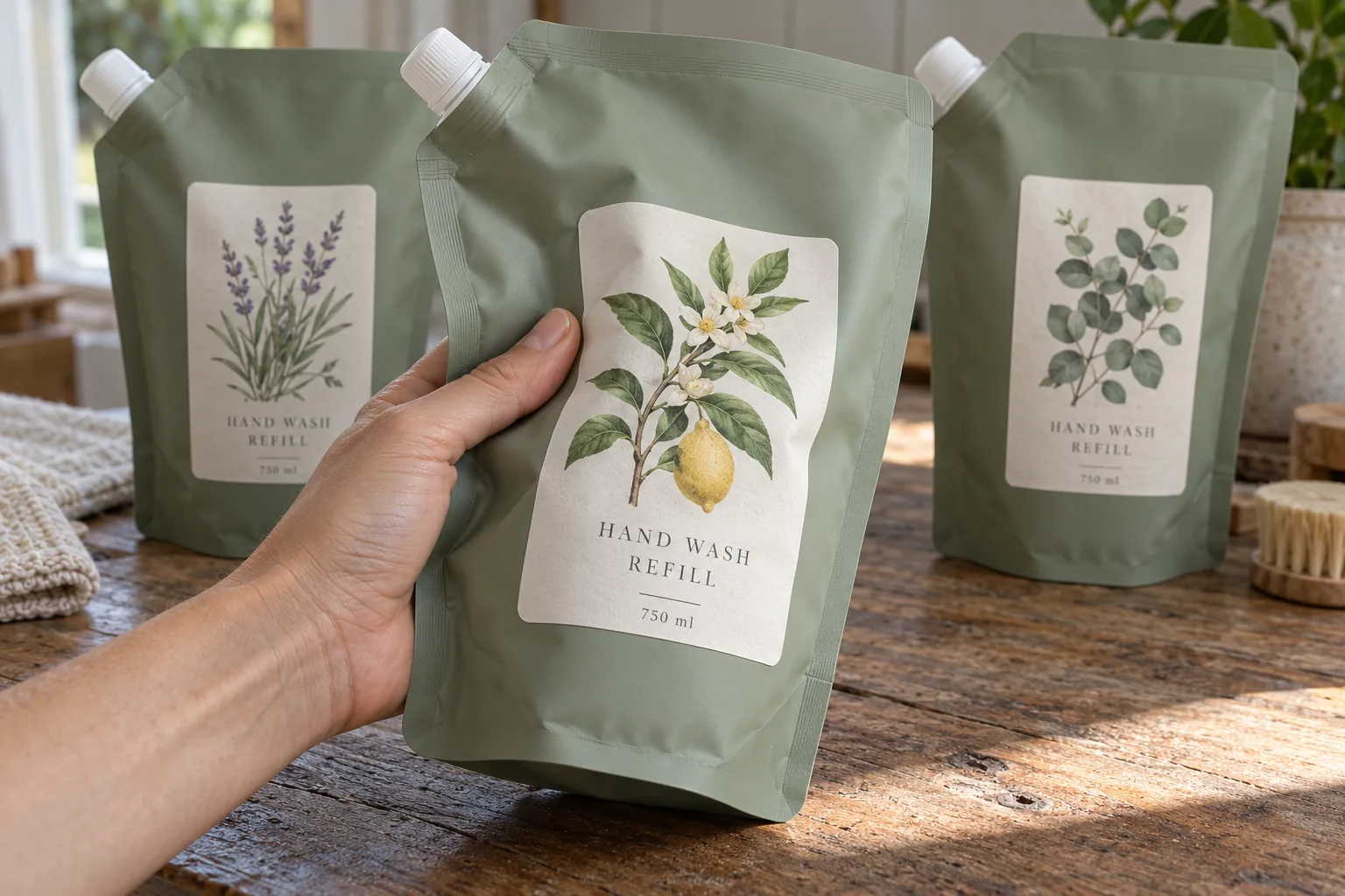 Photograph of original illustrated refill pouch labels on flexible spouted pouches with a hand holding one pack