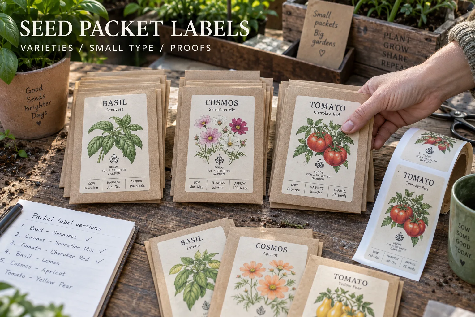 Printed illustrated seed packet labels for herbs and flowers on paper envelopes beside a sorting table