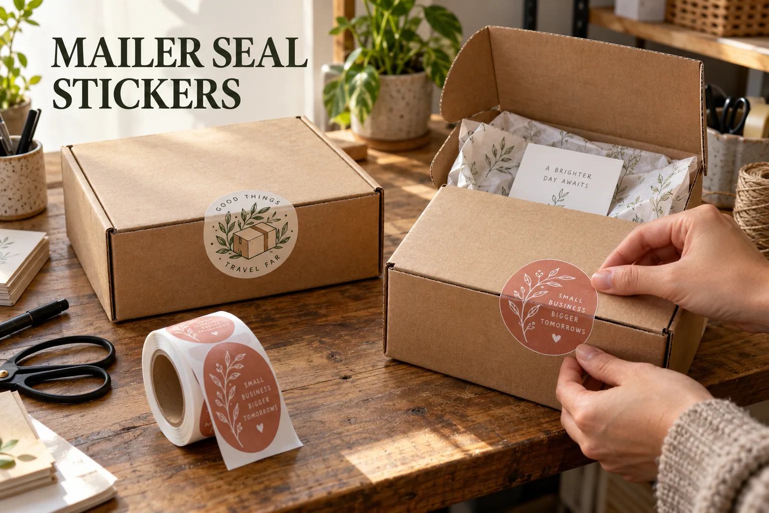 Original printed parcel seal stickers bridging kraft mailer flaps beside an e-commerce packing station