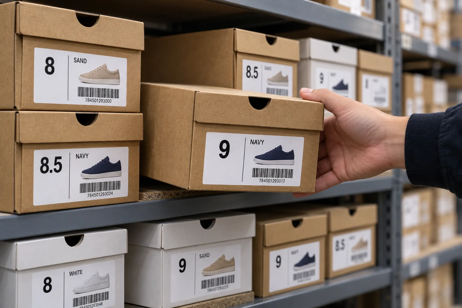 Photograph of fully printed original shoe box size labels with clear size and color cues on stacked retail cartons