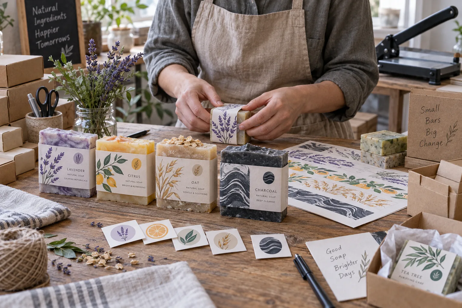 Handmade soap bars with illustrated lavender, citrus, oat and charcoal belly-band labels