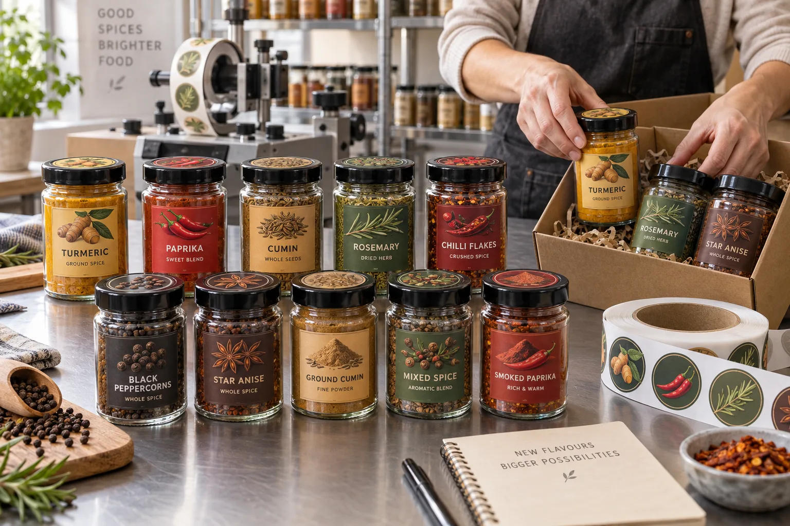 Glass spice jars with original turmeric chili cumin and rosemary label illustrations arranged for packaging review