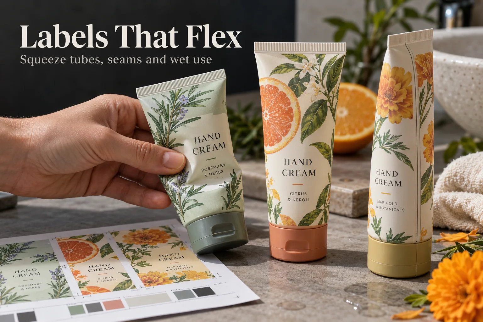 Photograph of original illustrated hand-cream labels applied to flexible unbranded squeeze tubes with visible seam clearance
