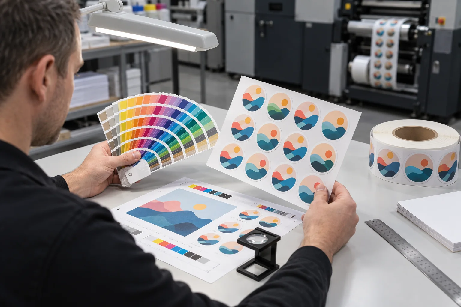 Technician comparing printed stickers with physical color swatches under controlled light