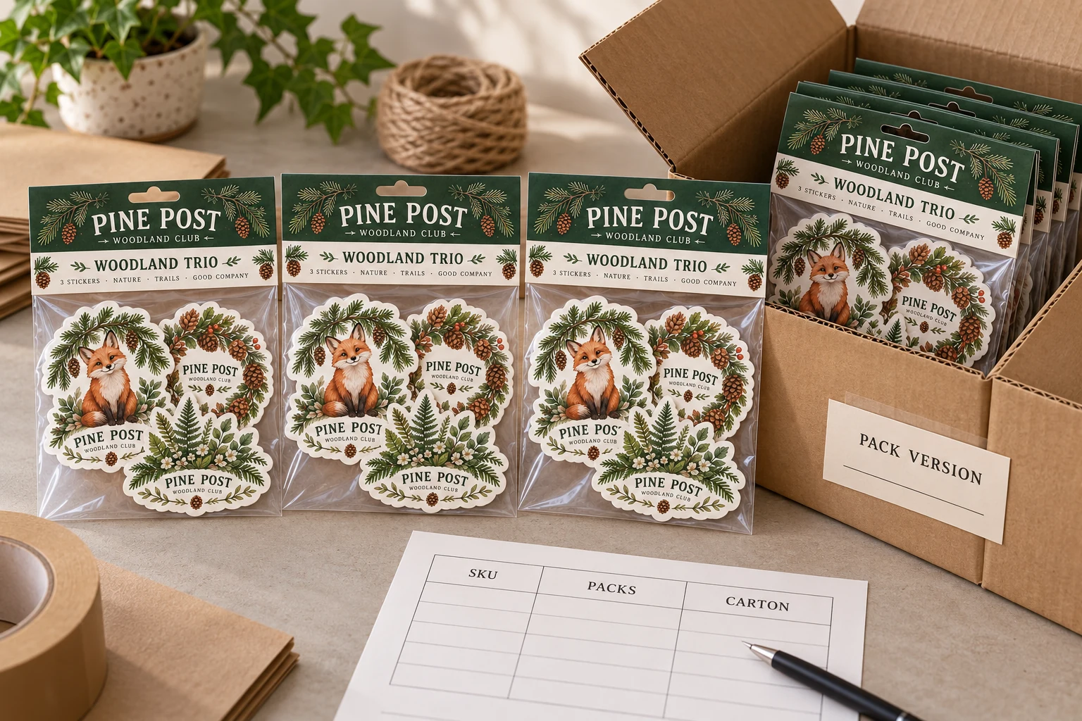 Original Pine Post retail sticker packs arranged beside a corrugated shipping carton and an uncompleted pack-identification record.