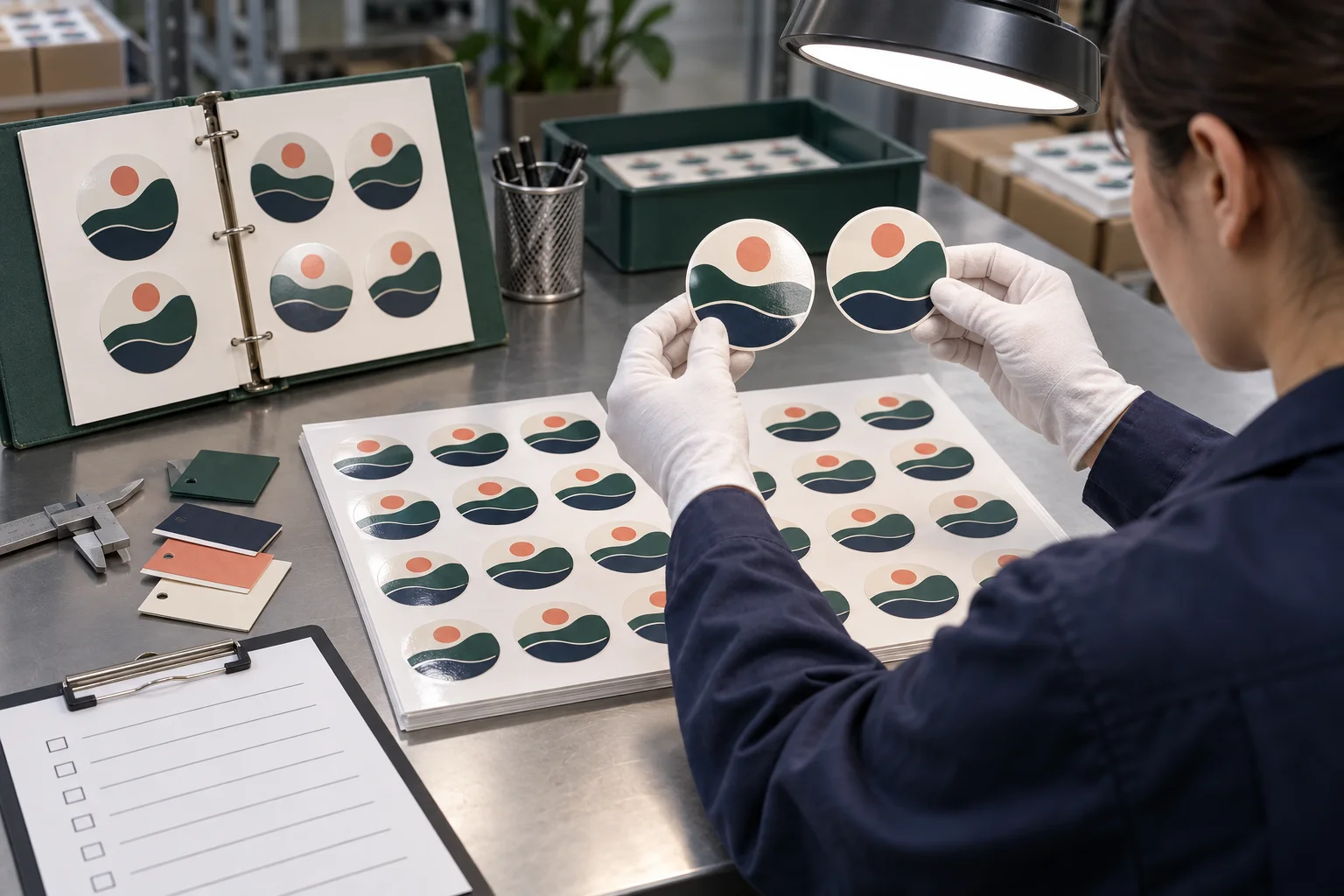 Technician comparing previous approved stickers with a new production batch
