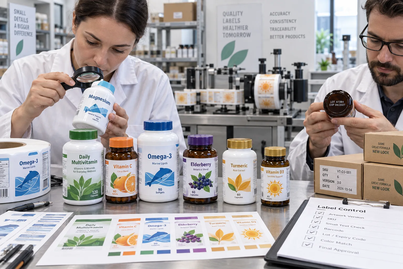 Supplement bottles with original botanical vitamin mineral and geometric label graphics under text and code review