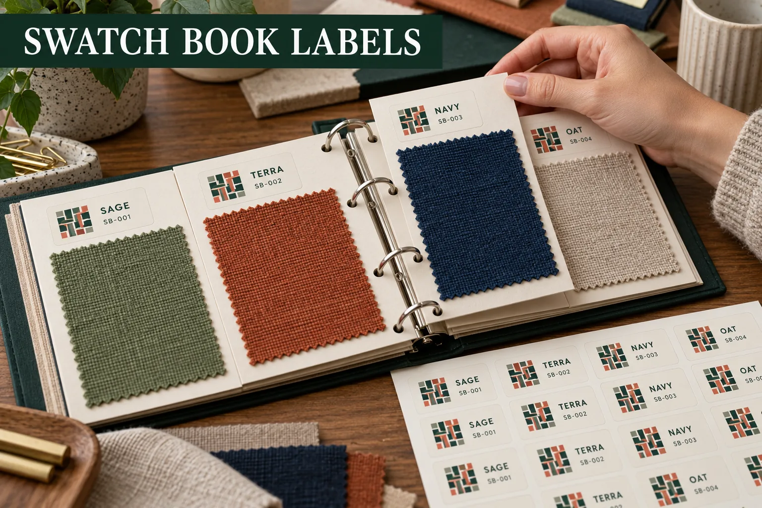 Photograph of a fabric and color swatch book with original geometric sample labels showing distinct color names and SKU fields