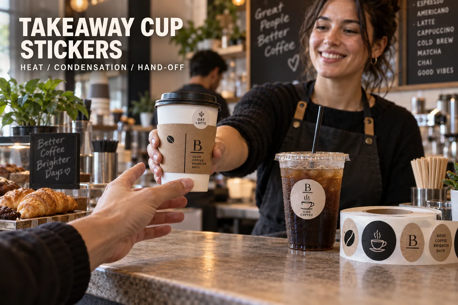 Barista handing over a takeaway cup with original cafe icon stickers on cups and a matching sticker roll nearby
